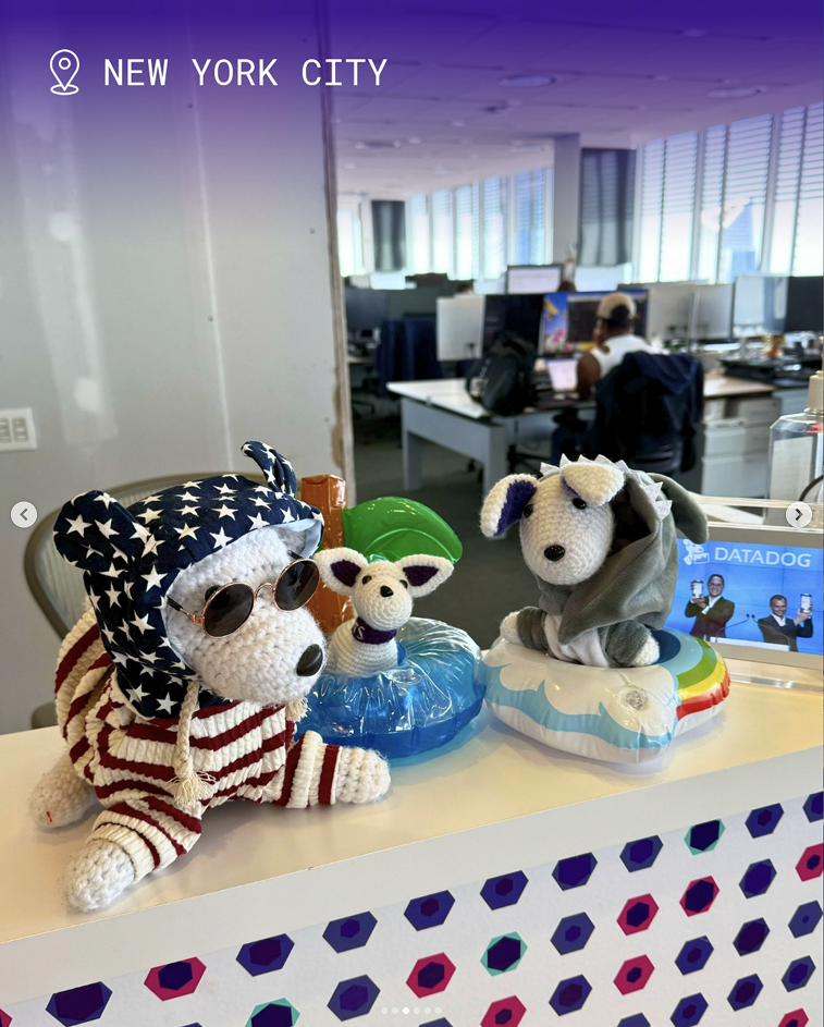 Bits plushies dressed for summer in Datadog NYC office