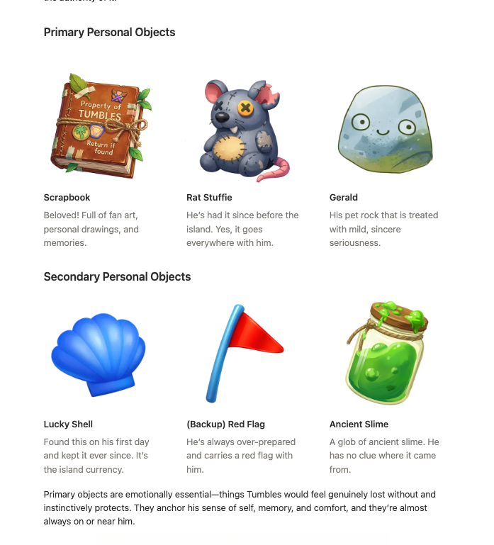 Personal objects: scrapbook, rat stuffie, Gerald, and more